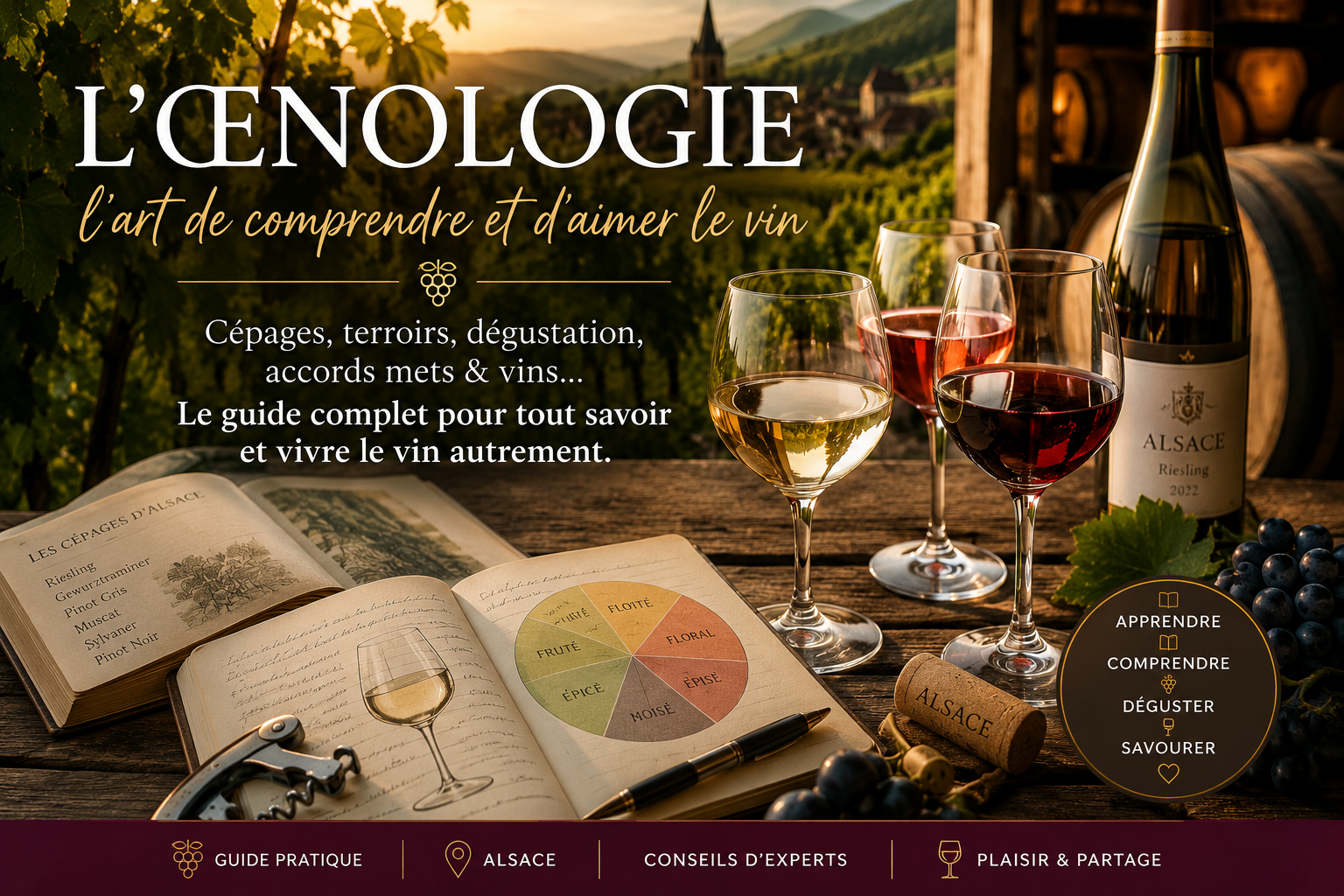 oenologie, Illustration présentant le guide complet de l'oenologie avec des verres de dégustation, une bouteille de vin d'Alsace, des notes de dégustation et un vignoble alsacien au coucher du soleil.