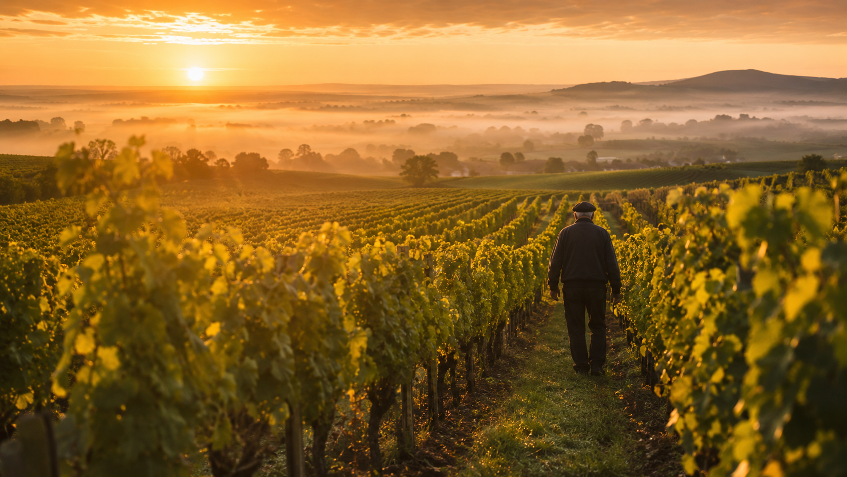 Vigneron marchant dans un vignoble au lever du soleil, illustrant les secrets des vignes, du terroir et du patrimoine viticole français.