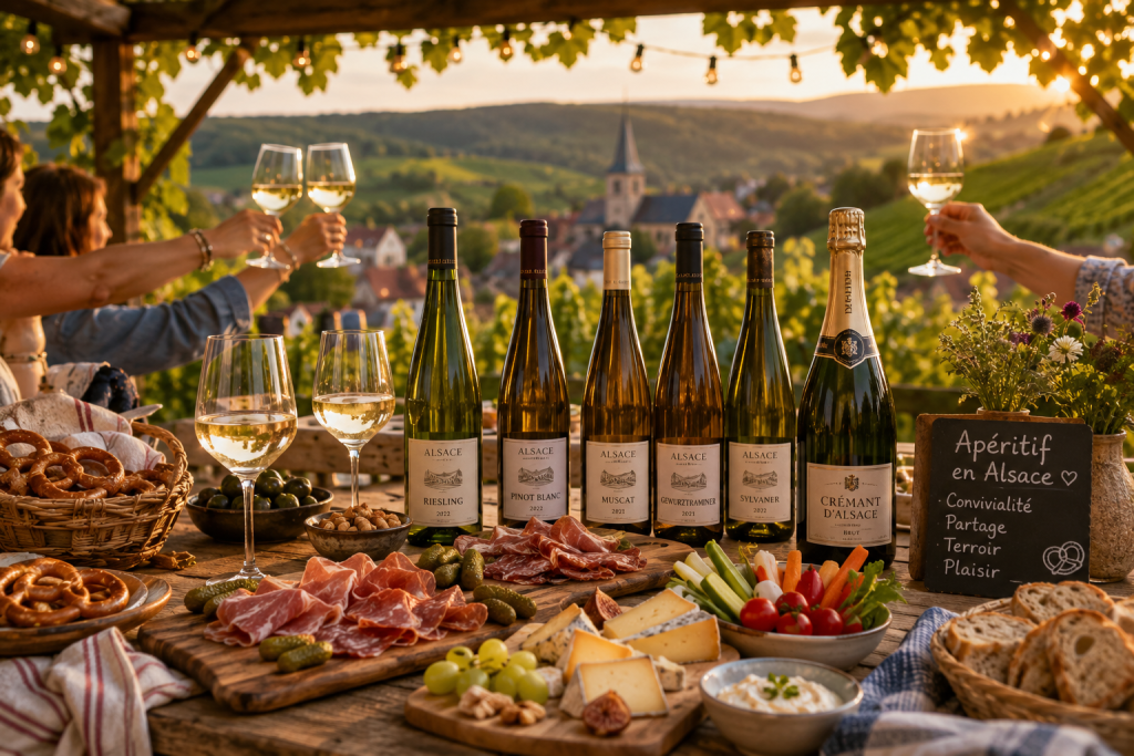 Du Riesling au Crémant d'Alsace, les vins alsaciens accompagnent à merveille les apéritifs gourmands, entre convivialité, gastronomie et paysages viticoles.