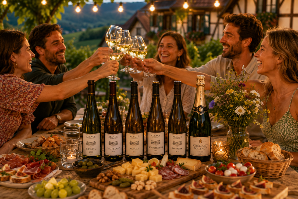 Amis partageant un apéritif en terrasse avec plusieurs vins d'Alsace, planches de charcuteries et de fromages, dans une ambiance chaleureuse au cœur des vignobles alsaciens au coucher du soleil.