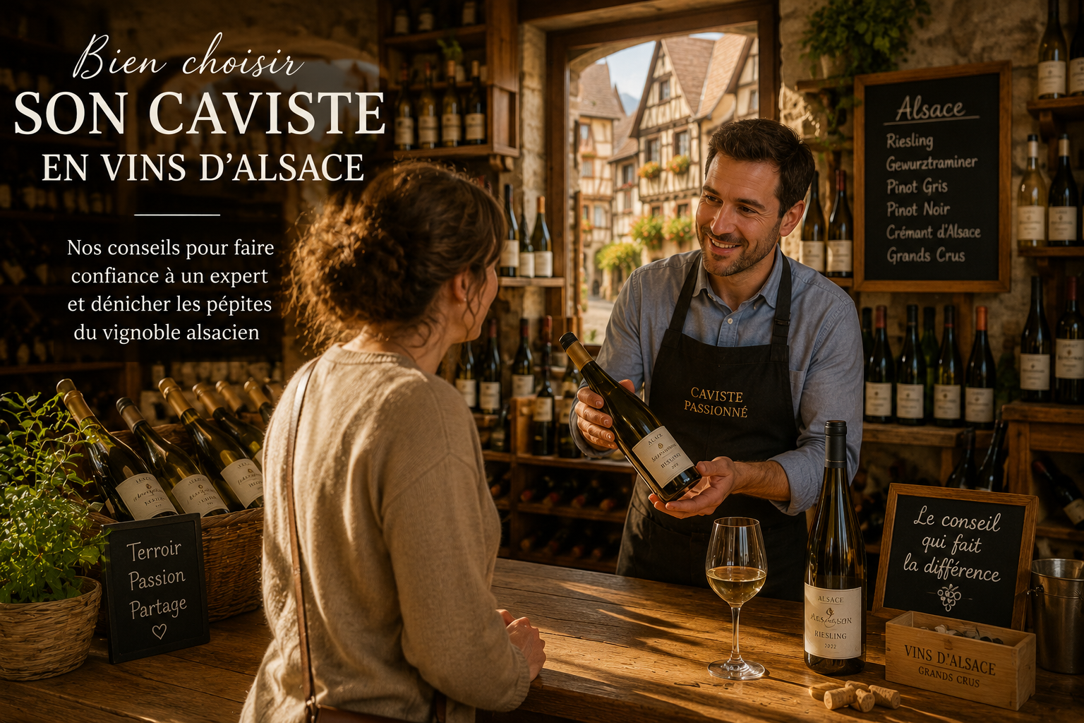 Un caviste alsacien conseille une cliente dans une cave à vins chaleureuse, en lui présentant une bouteille de vin d'Alsace au cœur d'un magasin spécialisé.