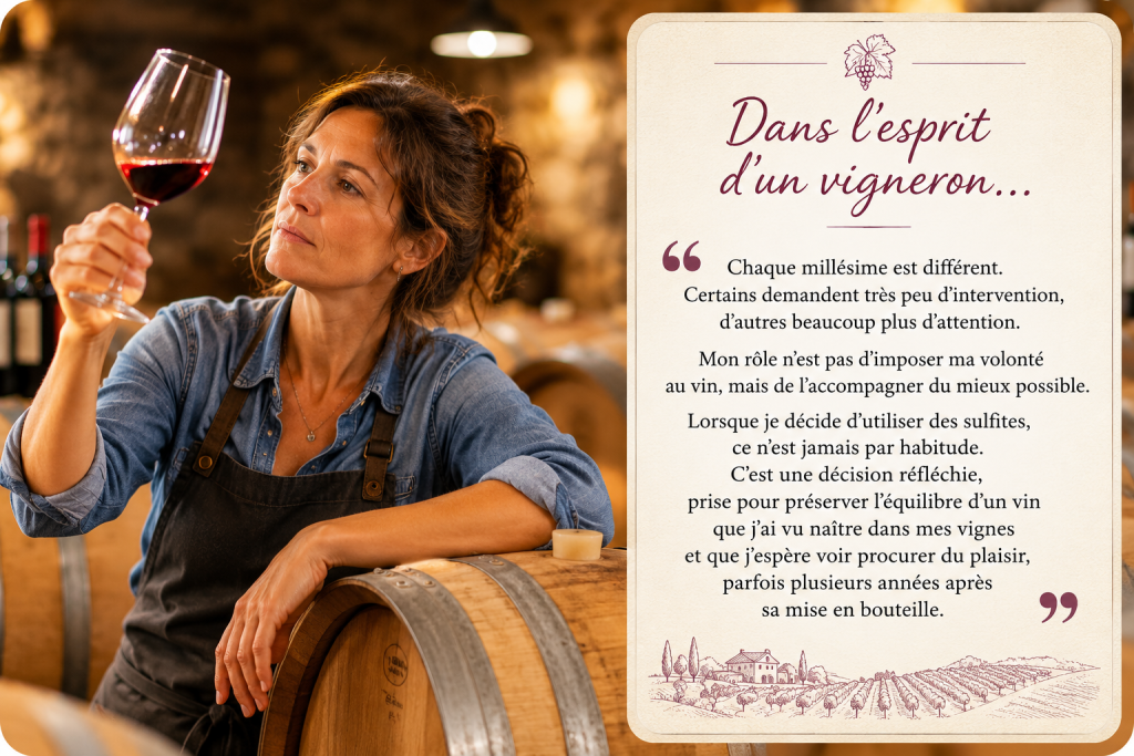 Une vigneronne observe attentivement un verre de vin dans son chai, devant des barriques, illustrant la réflexion et les choix qui accompagnent chaque étape de la vinification.