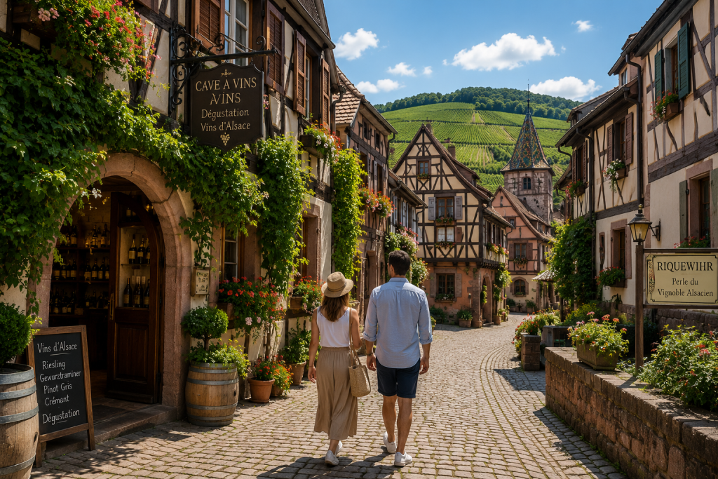 Un couple se promène dans une rue pavée de Riquewihr bordée de maisons à colombages fleuries et passe devant une cave proposant des dégustations de vins d'Alsace.