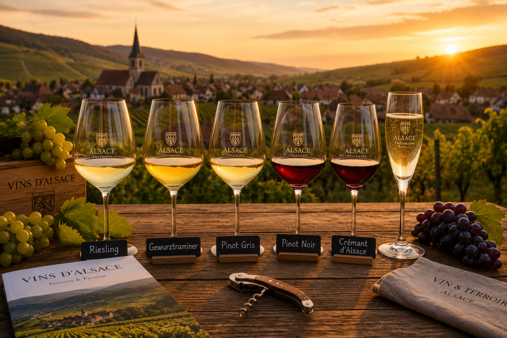 Verres de Riesling, Gewurztraminer, Pinot Gris, Pinot Noir et Crémant d'Alsace disposés sur une table en bois face aux vignobles alsaciens au coucher du soleil.