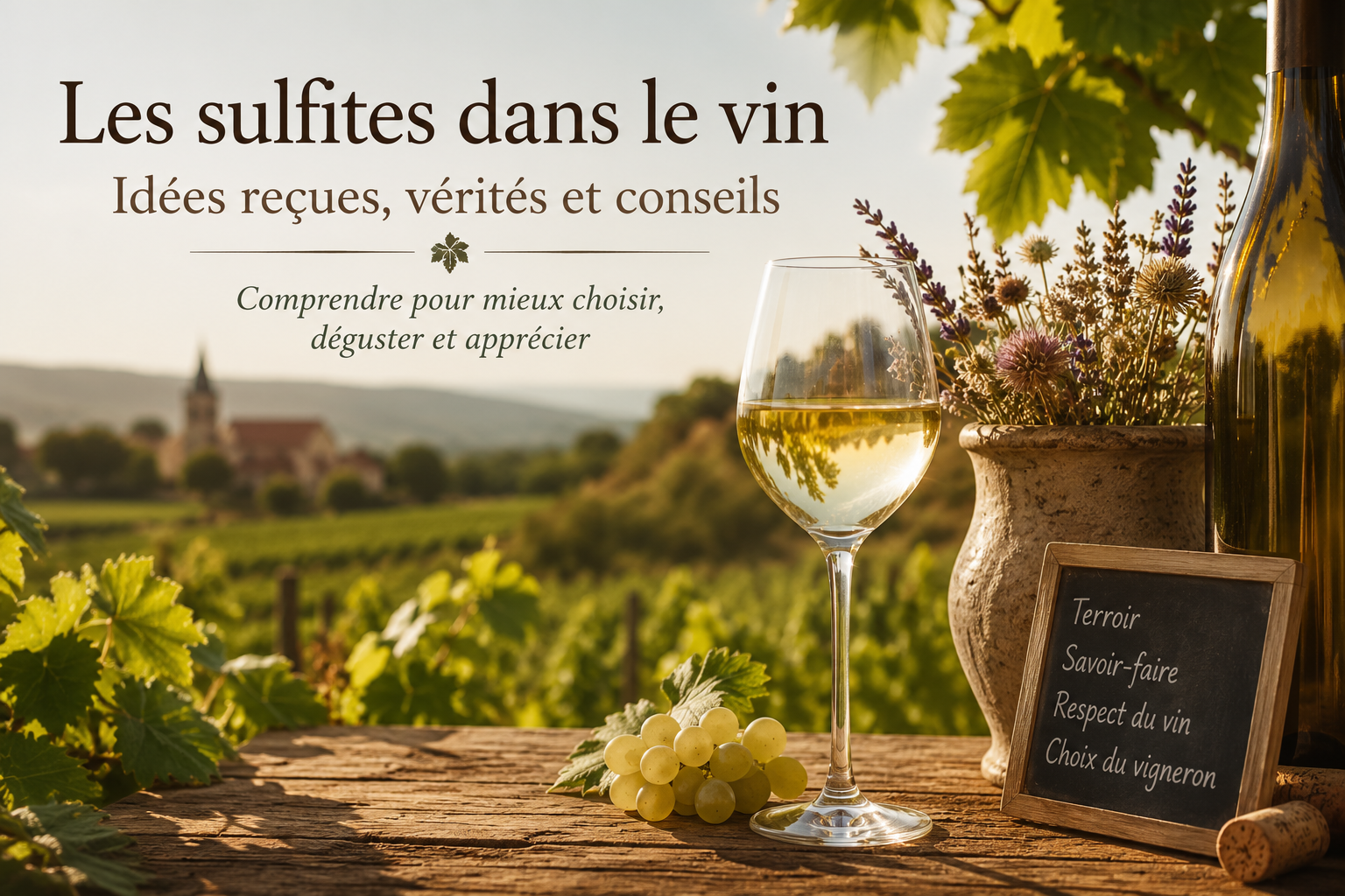 les sulfites -Verre de vin blanc, bouteille et grappes de raisin sur une table en bois face à un vignoble baigné par la lumière dorée, illustrant un article pédagogique sur les sulfites, le terroir et le savoir-faire des vignerons.