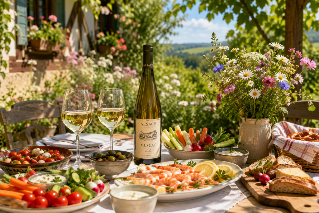 Table de jardin avec une bouteille de Muscat d'Alsace, deux verres de vin, des crudités colorées, quelques crevettes, un bouquet de fleurs des champs et une ambiance estivale lumineuse au cœur des vignobles alsaciens.