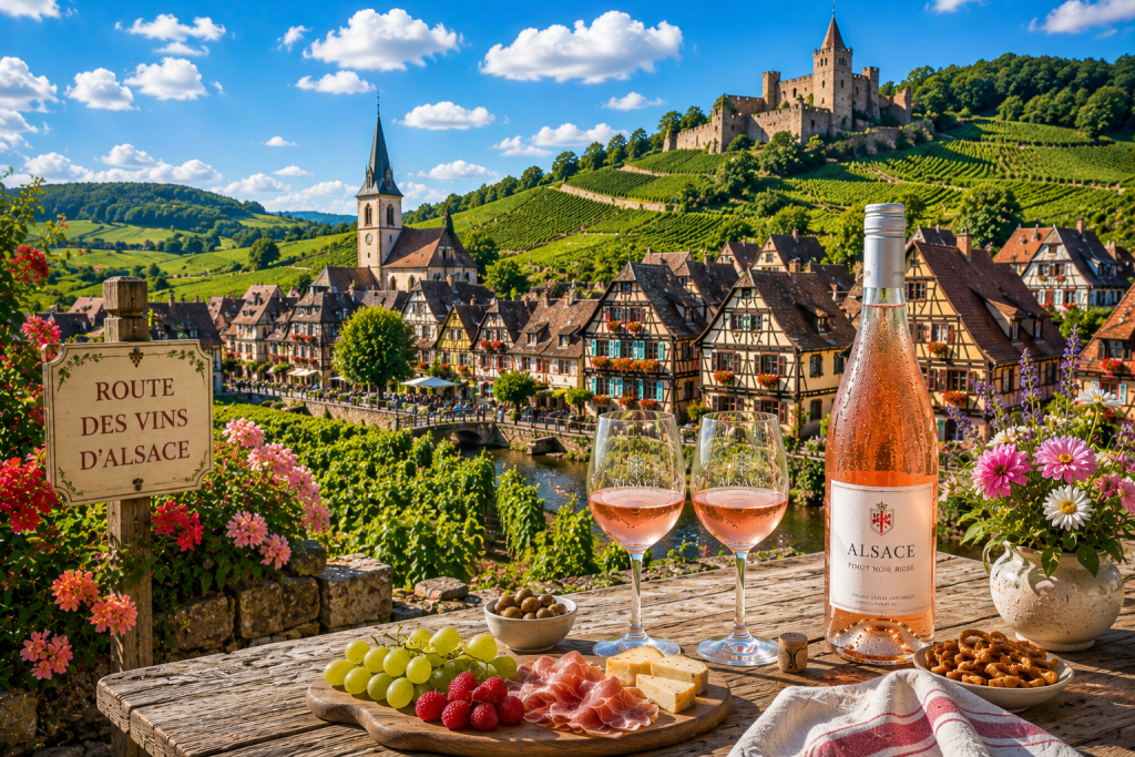 Panorama de la Route des Vins d'Alsace en été avec un village à colombages, les vignobles alsaciens, un château médiéval, une bouteille de Pinot Noir rosé et deux verres face aux vignes sous un ciel bleu lumineux.