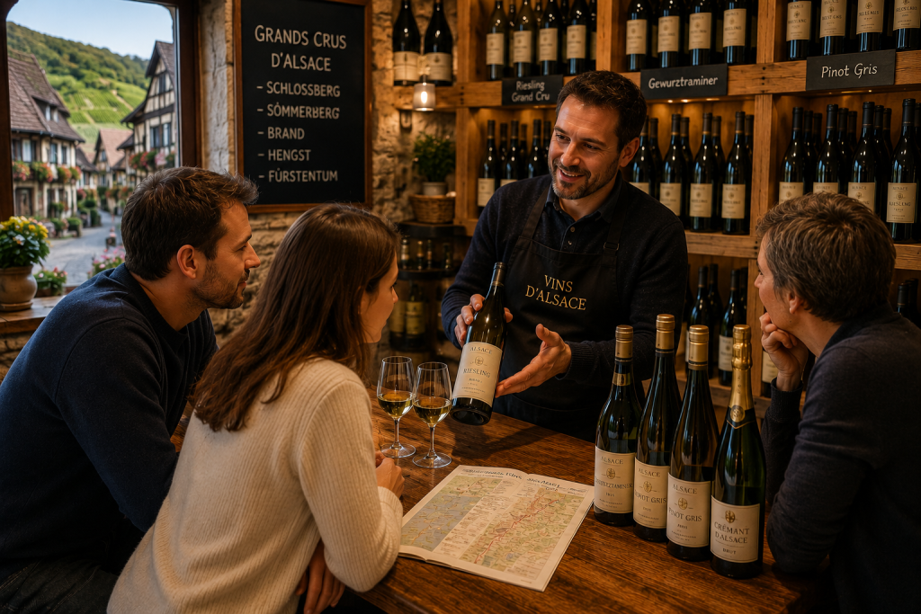 Un caviste spécialisé en vins d'Alsace présente une bouteille de Riesling à des visiteurs dans une cave chaleureuse entourée de grands crus, de Pinot Gris, de Gewurztraminer et de Crémant d'Alsace.