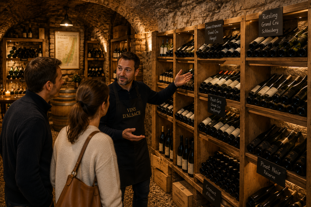Un caviste spécialisé présente une cave voûtée où sont conservés des vins d'Alsace, notamment des Rieslings, Gewurztraminers, Pinot Gris, Pinot Noir et Crémants, à un couple de visiteurs.