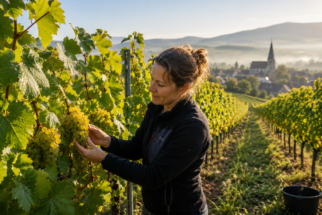 Une vigneronne examine avec attention des grappes de raisin arrivées à maturité dans un vignoble alsacien au petit matin, tandis que la rosée recouvre encore les feuilles de vigne.