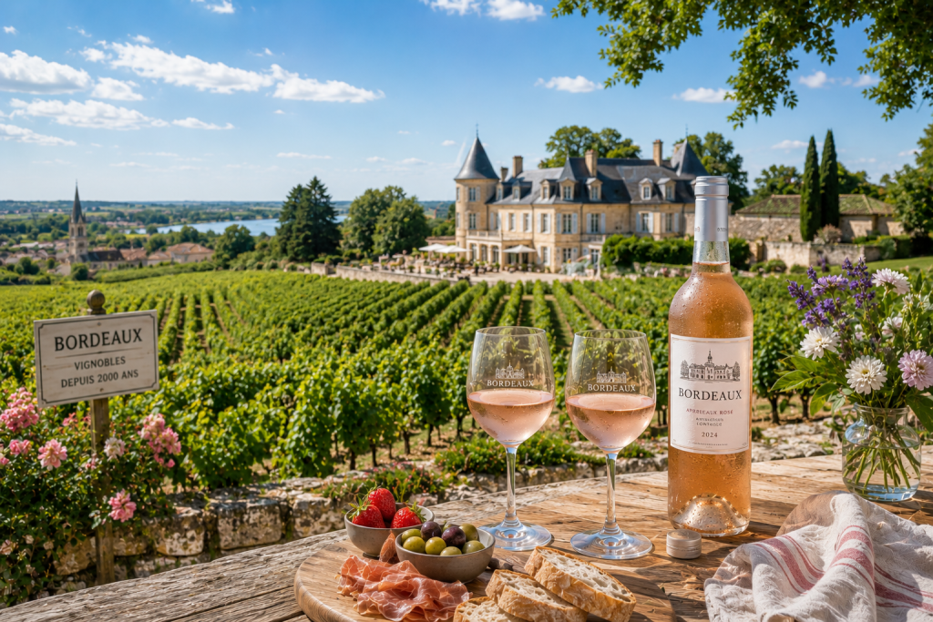 Panorama estival d'un vignoble bordelais avec un château viticole, des rangées de vignes, une bouteille de vin rosé de Bordeaux et deux verres sous un ciel bleu lumineux.