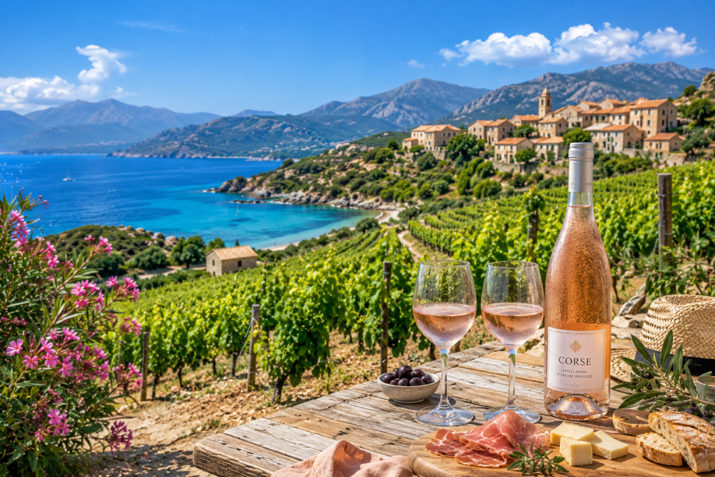Vignobles de Corse en pleine journée avec la mer turquoise, un village corse, les montagnes, une bouteille de vin rosé frais et deux verres sur une table estivale face au paysage méditerranéen.