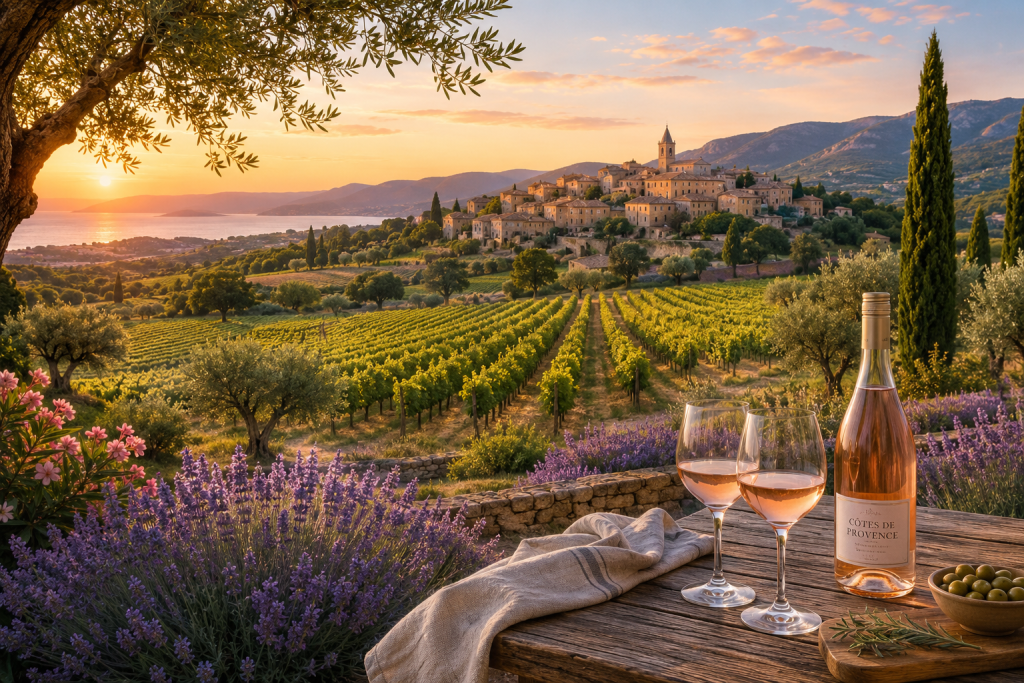 Panorama des vignobles de Provence au coucher du soleil avec un village provençal, des champs de lavande, des oliviers, une bouteille de vin rosé et deux verres face aux vignes baignées par la lumière dorée.