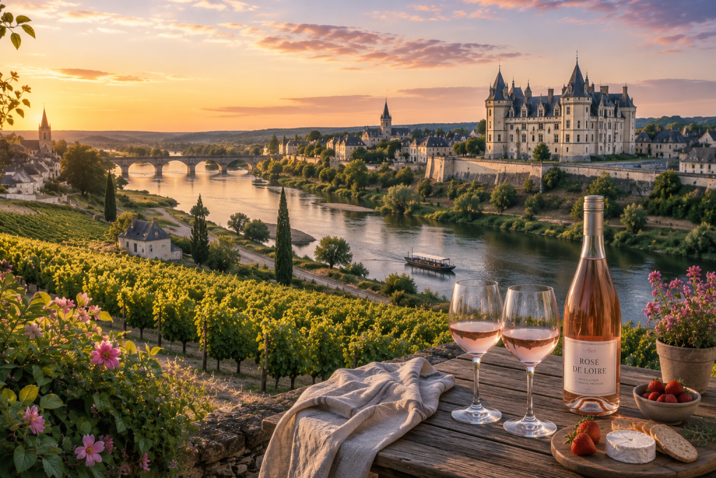 Panorama des vignobles de la Vallée de la Loire au coucher du soleil avec le fleuve Loire, un château, des rangées de vignes, une bouteille de vin rosé et deux verres dans une lumière dorée.