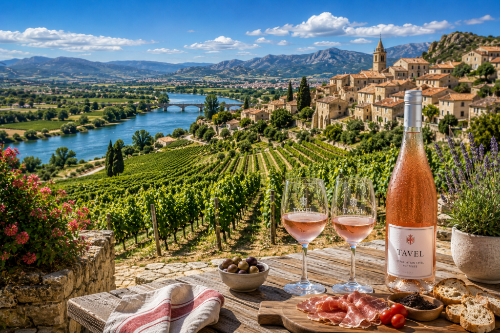 Panorama estival des vignobles de la Vallée du Rhône avec le fleuve Rhône, un village perché, une bouteille de vin rosé de Tavel et deux verres face aux vignes sous un ciel bleu lumineux.