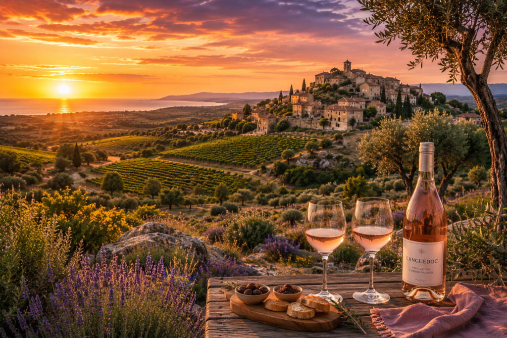 Panorama des vignobles du Languedoc au coucher du soleil avec un village de pierre, la garrigue méditerranéenne, des oliviers, une bouteille de vin rosé et deux verres face aux vignes baignées par une lumière dorée.