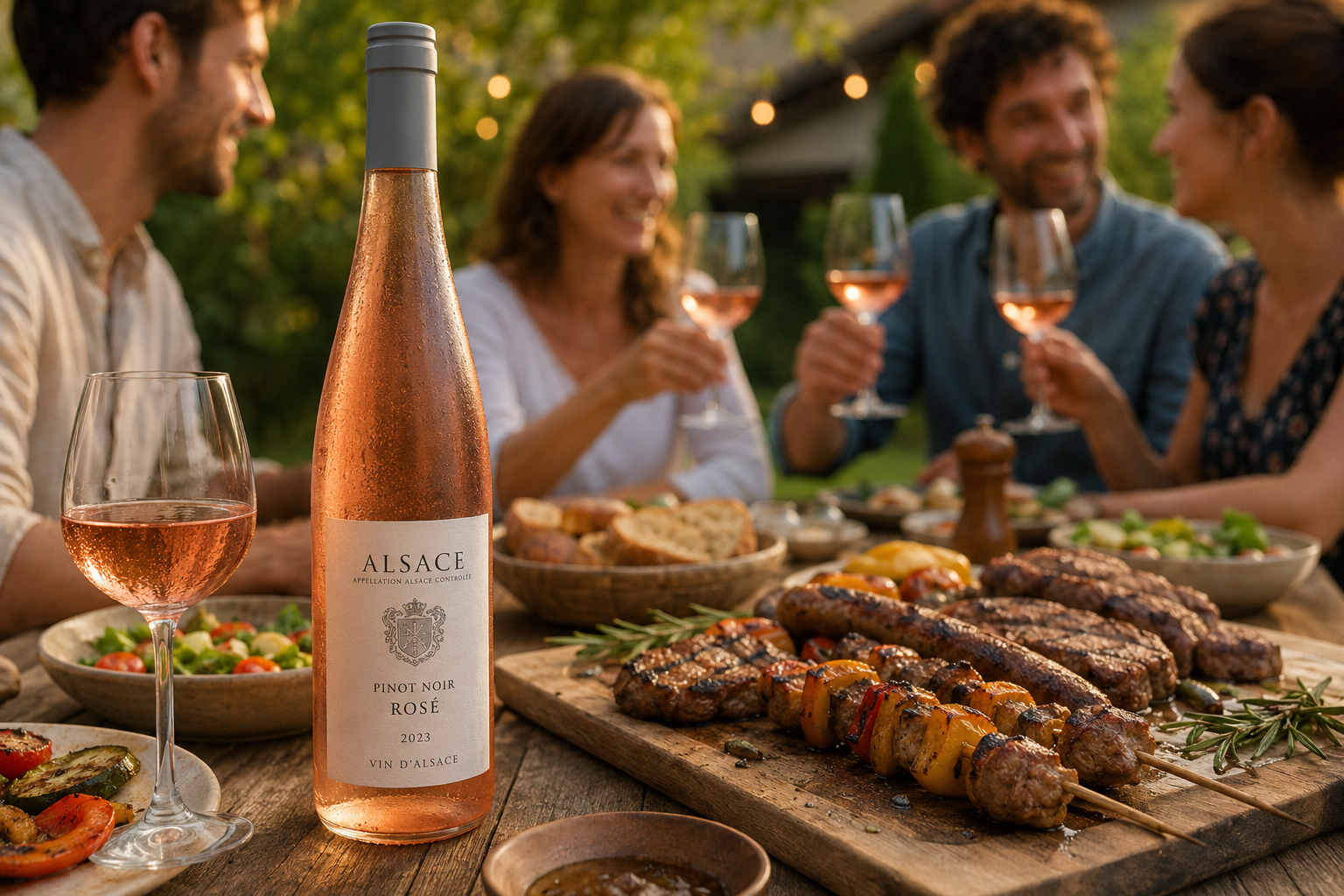 Rosé d'Alsace Pinot Noir accompagné de grillades estivales lors d'un barbecue entre amis