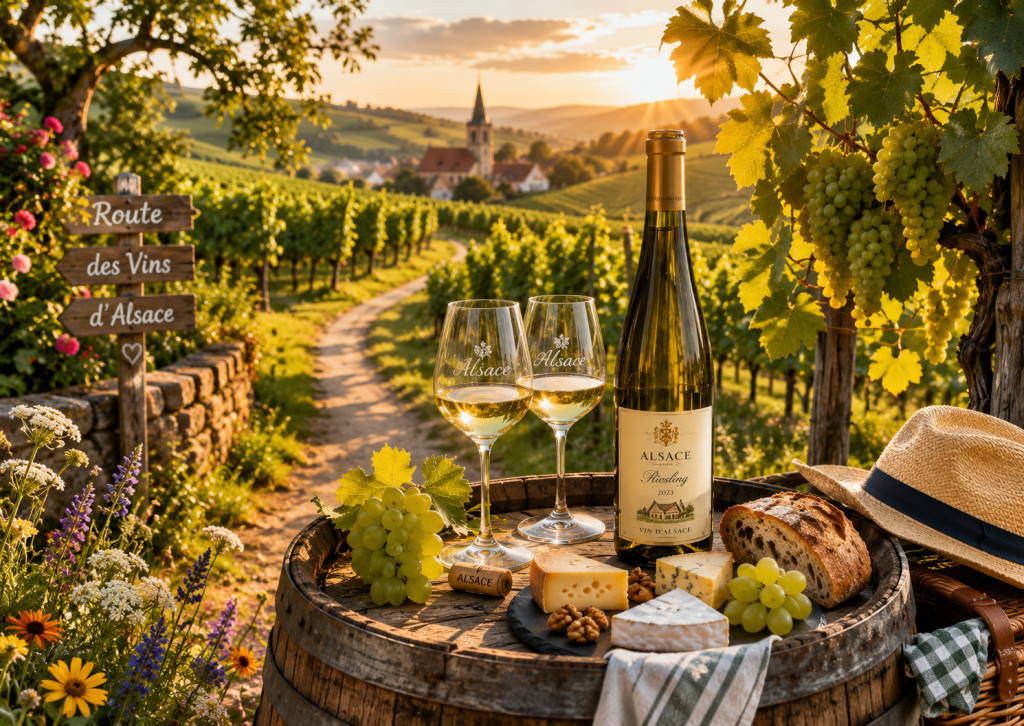 Bouteille de Riesling d'Alsace, deux verres de vin, fromages et panier de pique-nique au cœur des vignobles alsaciens, avec un chemin de la Route des Vins et un village en arrière-plan.