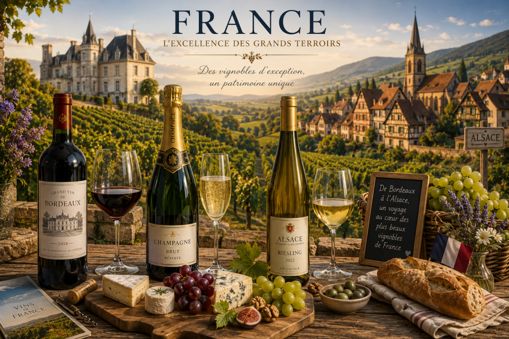 Table de dégustation avec des vins de Bordeaux, de Champagne et d'Alsace, accompagnés de fromages français, devant un château viticole, des vignobles et un village alsacien à colombages.