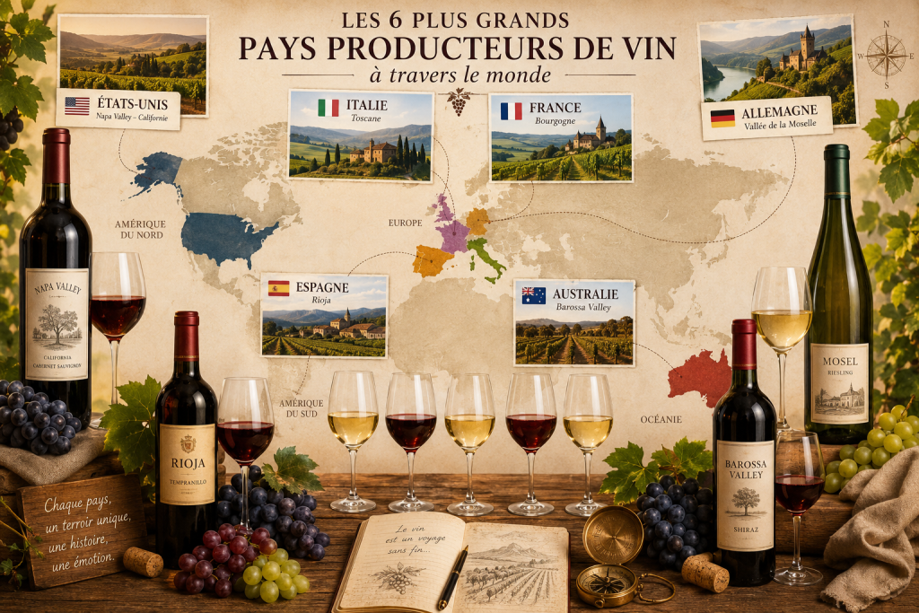 Carte du monde illustrant les six plus grands pays producteurs de vin avec des bouteilles, des verres de dégustation, des grappes de raisin et les principaux vignobles internationaux.