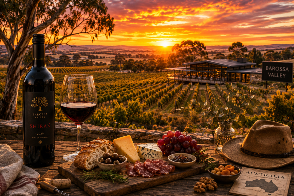 Vignobles de Barossa Valley au coucher du soleil avec une bouteille de Shiraz, un verre de vin rouge, une planche de spécialités australiennes, des eucalyptus et un domaine viticole moderne en Australie.