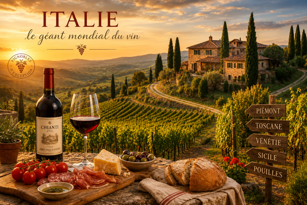 Vignobles de Toscane au coucher du soleil avec une bouteille de Chianti, un verre de vin rouge, des spécialités italiennes et une demeure traditionnelle au cœur des collines italiennes.