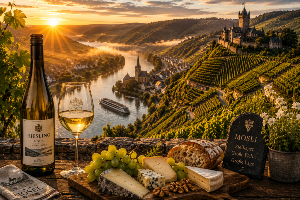 Vignobles en terrasses de la vallée de la Moselle au lever du soleil avec une bouteille de Riesling allemand, un verre de vin blanc, des fromages, du pain de campagne, des raisins et un château dominant la rivière.