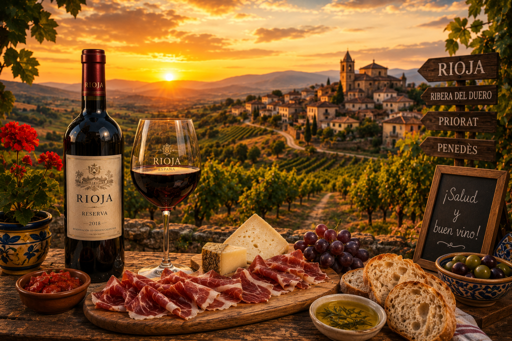 Vignoble de la Rioja au coucher du soleil avec une bouteille de Rioja Reserva, un verre de vin rouge, des tapas espagnoles, du jambon ibérique, du fromage et un village traditionnel en arrière-plan.
