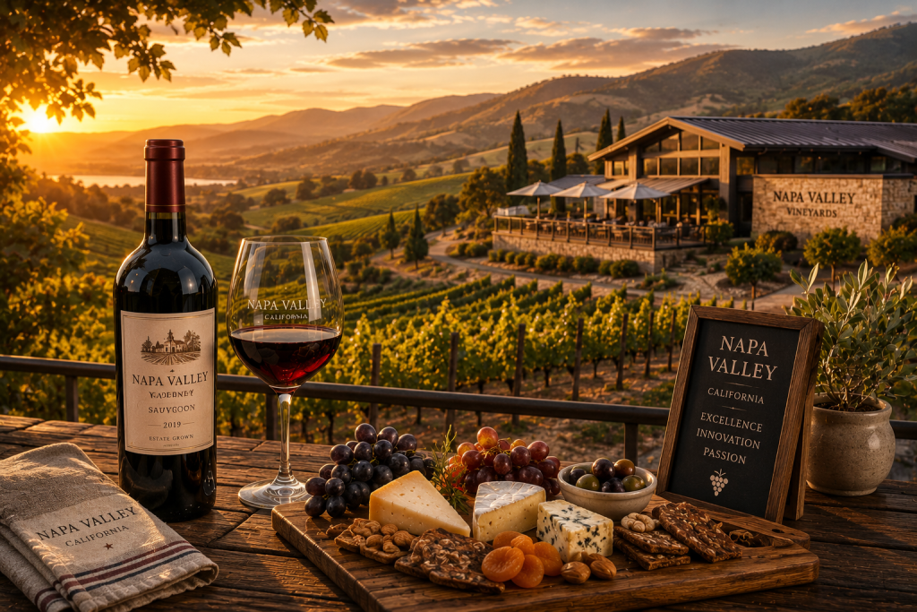 Terrasse surplombant les vignobles de Napa Valley au coucher du soleil avec une bouteille de Cabernet Sauvignon, un verre de vin rouge, une planche de fromages et de fruits secs devant un domaine viticole californien.