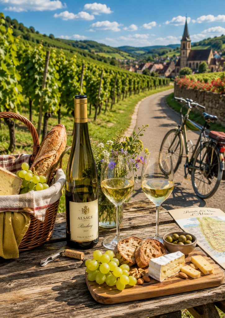 Pique-nique au milieu des vignobles alsaciens avec une bouteille de Riesling d'Alsace, des fromages, du pain, des raisins, deux verres de vin et des vélos lors d'une journée d'été.