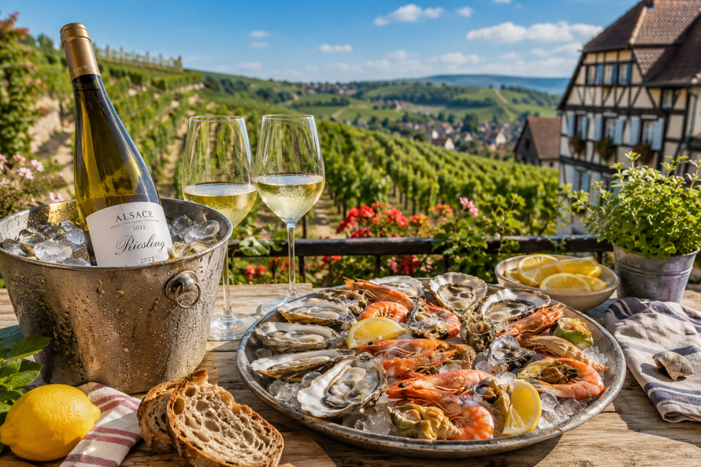 Bouteille de Riesling d'Alsace dans un seau à glace, plateau de fruits de mer et terrasse avec vue sur les vignobles alsaciens lors d'une belle journée d'été.