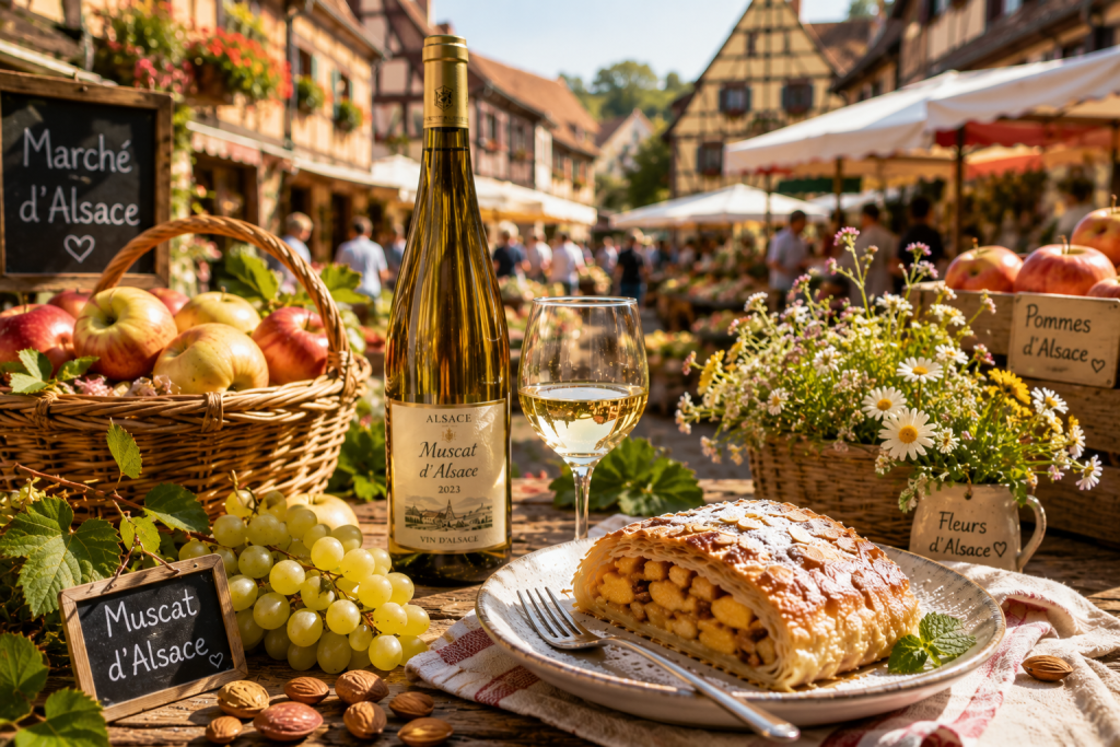 Marché alsacien ensoleillé avec un panier de pommes, une grappe de muscat, une bouteille et un verre de Muscat d'Alsace accompagnant une part de Strudel aux pommes et aux amandes.
