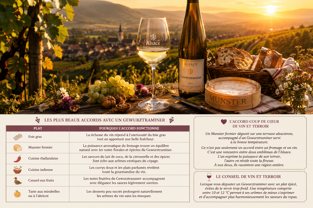 Table dressée dans les vignobles d'Alsace au coucher du soleil avec un Gewurztraminer, un Munster fermier, du pain de campagne et un guide des meilleurs accords mets et vins.