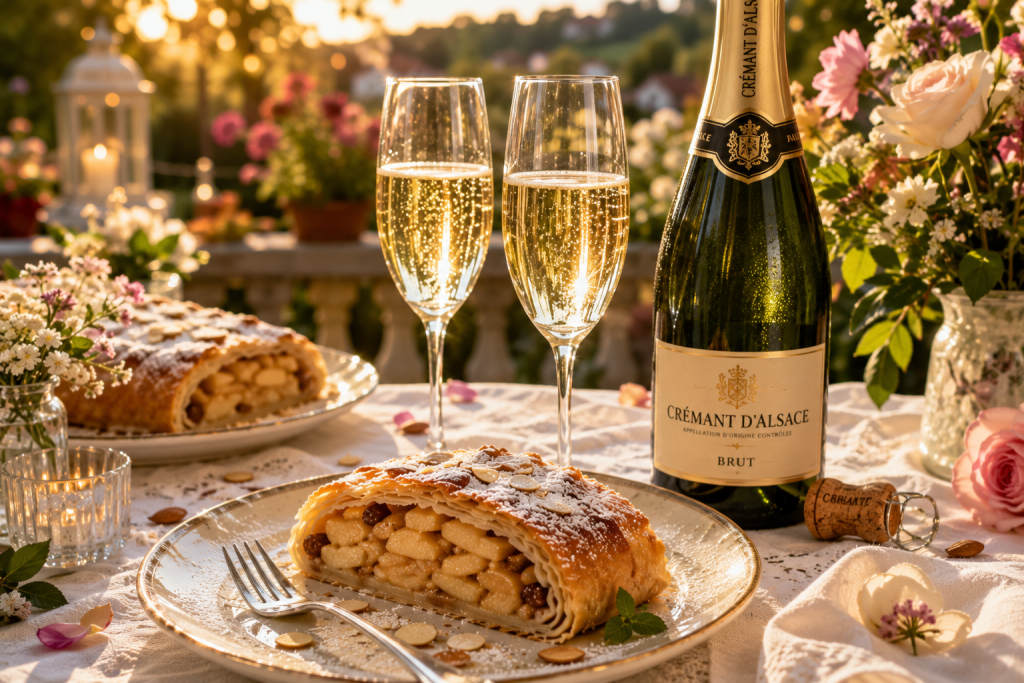 Part de Strudel alsacien aux pommes servie avec deux flûtes et une bouteille de Crémant d'Alsace sur une terrasse fleurie baignée de lumière.