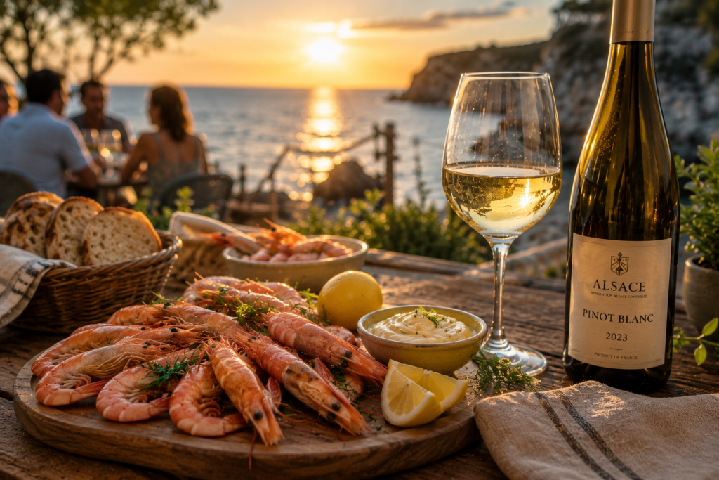 Crevettes fraîches servies avec un Pinot Blanc d'Alsace sur une terrasse face à la mer au coucher du soleil, dans une ambiance conviviale.
