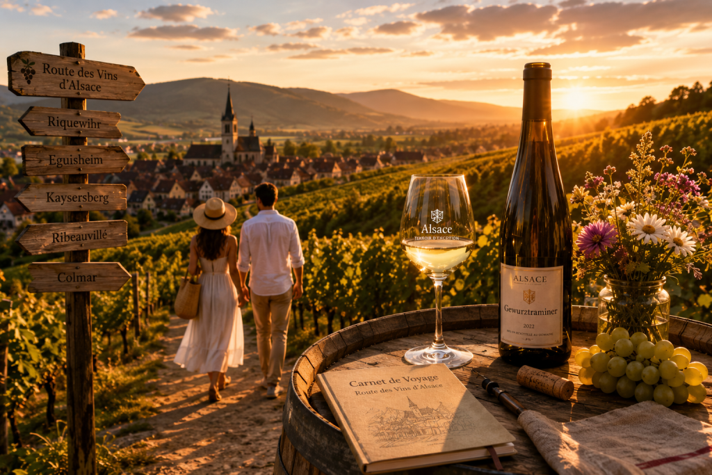 Couple marchant entre les vignobles de la Route des Vins d'Alsace au coucher du soleil, avec un verre de Gewurztraminer et un carnet de voyage au premier plan.