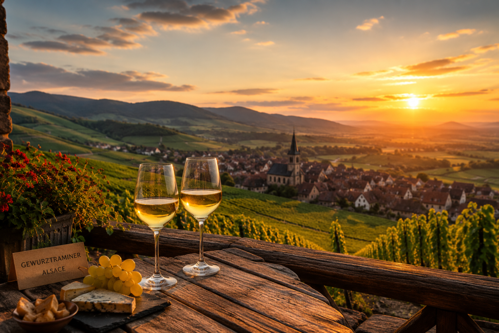 Deux verres de Gewurztraminer sur une terrasse dominant les vignobles d'Alsace au coucher du soleil, avec un village viticole et les Vosges en arrière-plan.
