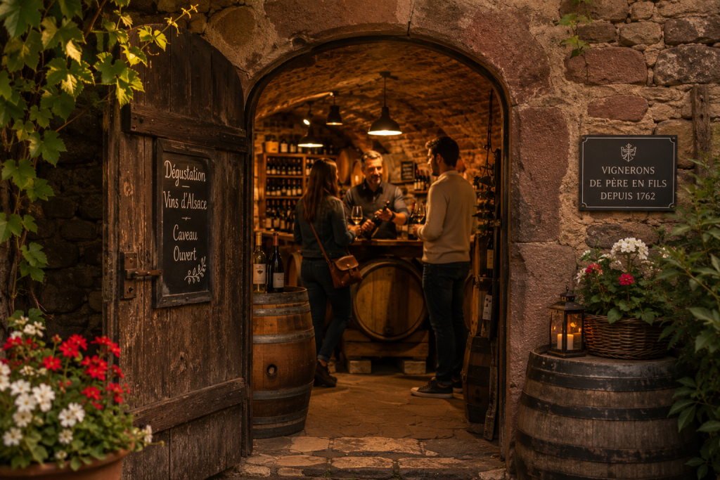Porte ouverte d'un caveau de dégustation en Alsace où un vigneron accueille des visiteurs pour découvrir les vins du domaine dans une cave traditionnelle.