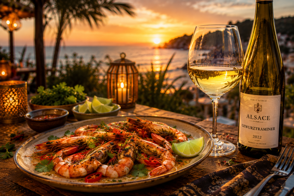 Gambas grillées légèrement épicées servies avec un Gewurztraminer d'Alsace sur une terrasse face à la mer au coucher du soleil.