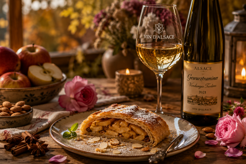 Part de Strudel alsacien aux pommes et aux amandes accompagnée d'un verre de Gewurztraminer d'Alsace, de pétales de rose et d'épices dans une ambiance automnale chaleureuse.