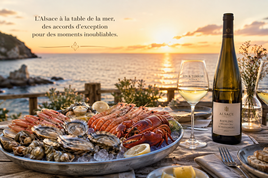 Plateau de fruits de mer accompagné d'un Riesling Grand Cru d'Alsace sur une terrasse face à la mer au coucher du soleil.