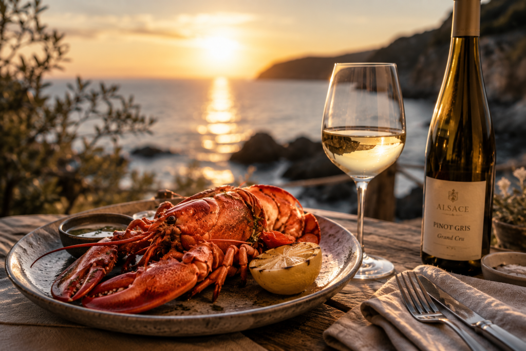 Homard rôti accompagné d'un Pinot Gris Grand Cru d'Alsace sur une terrasse face à la mer au coucher du soleil