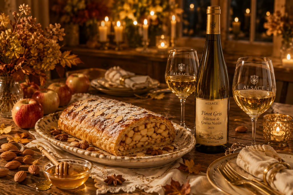 Strudel alsacien aux pommes et aux amandes servi avec une bouteille et deux verres de Pinot Gris Sélection de Grains Nobles d'Alsace sur une table chaleureuse éclairée à la bougie.