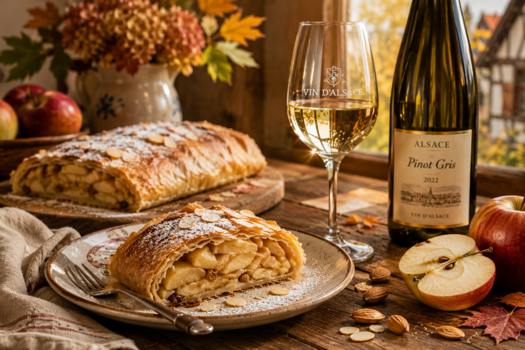 Part de Strudel alsacien aux pommes et aux amandes servie avec un verre et une bouteille de Pinot Gris d'Alsace dans une ambiance chaleureuse d'automne.