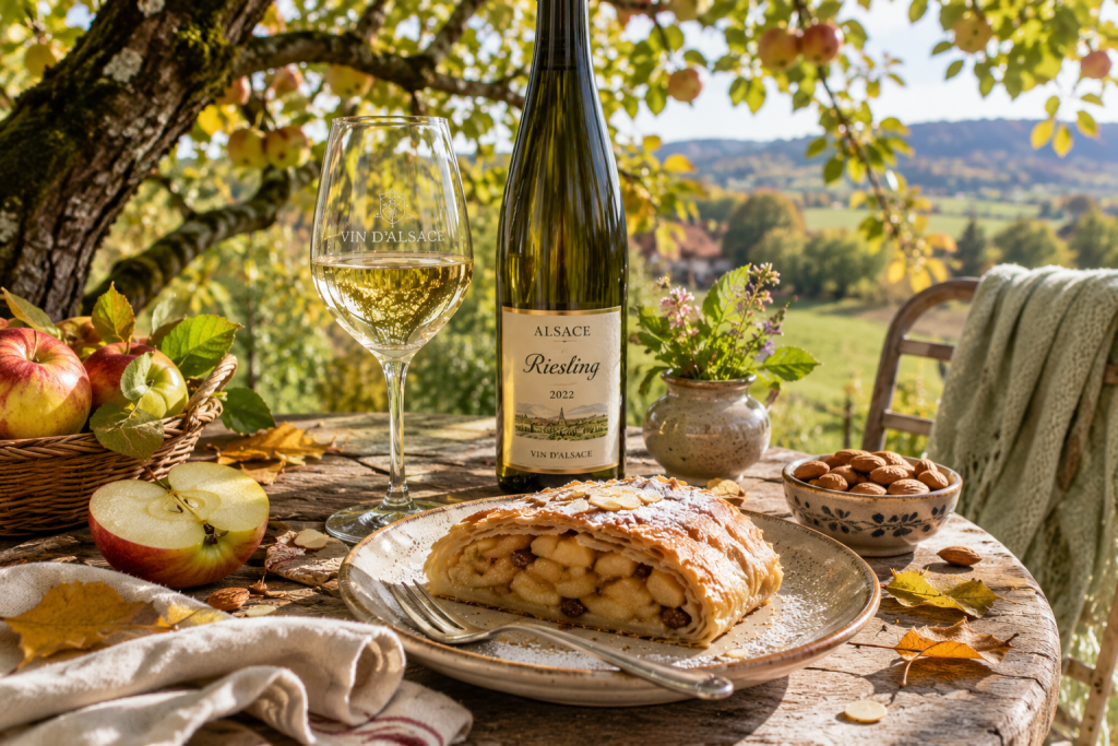 Part de Strudel alsacien aux pommes servie avec un verre et une bouteille de Riesling d'Alsace sur une table installée dans un verger alsacien baigné de lumière automnale.