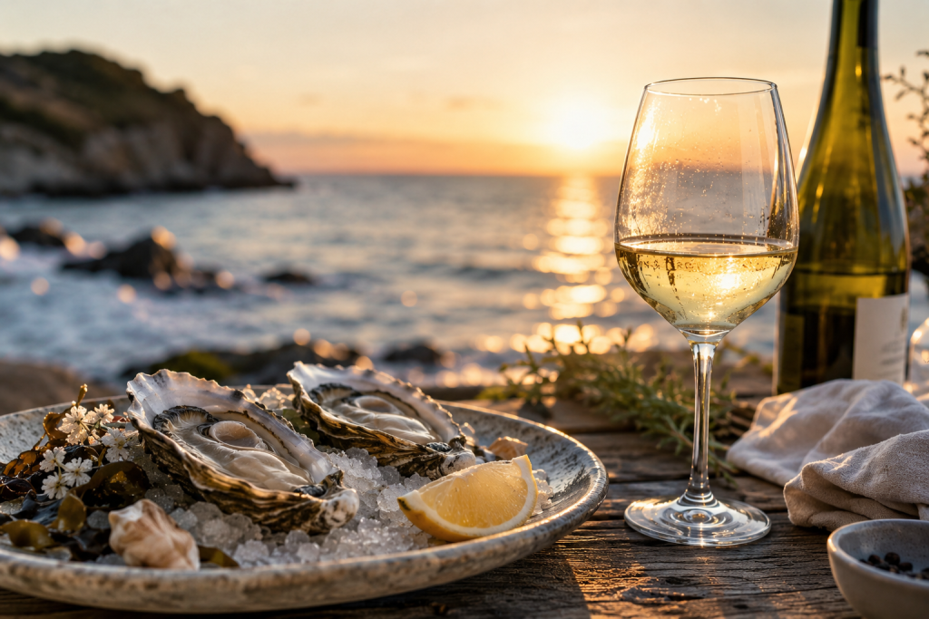 Huîtres fraîches servies sur glace avec un verre de Riesling Grand Cru d'Alsace face à la mer au coucher du soleil.