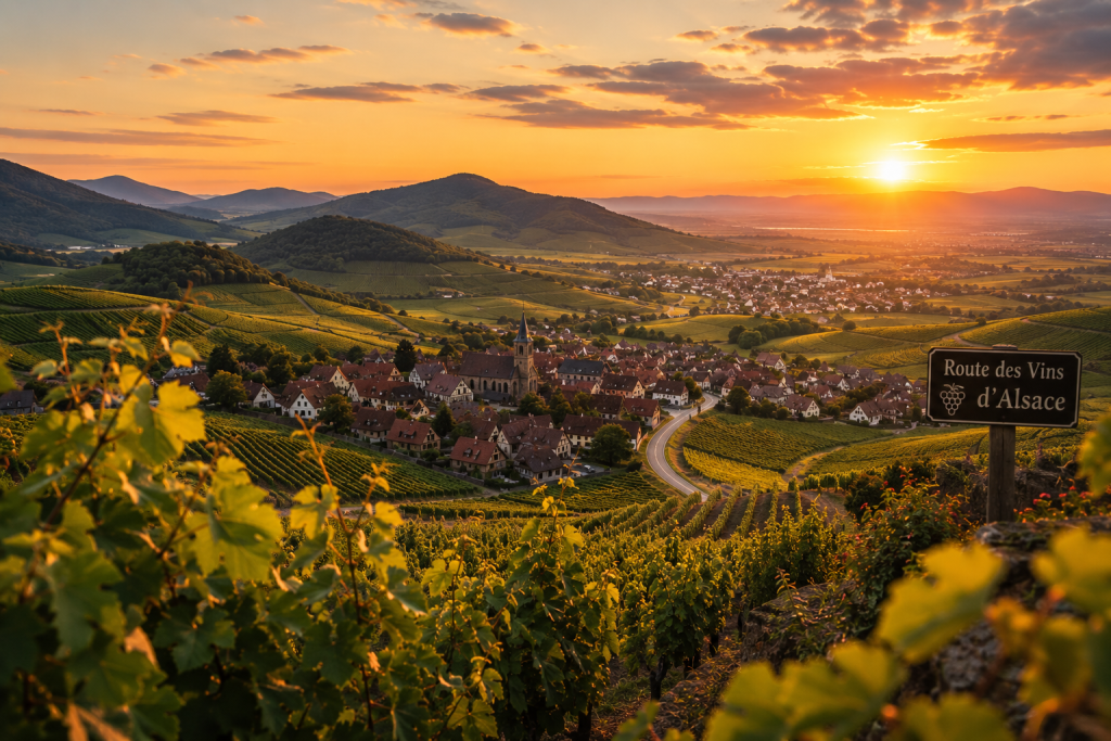 Vue panoramique de la Route des Vins d'Alsace au coucher du soleil avec un village viticole entouré de vignobles et les collines des Vosges en arrière-plan