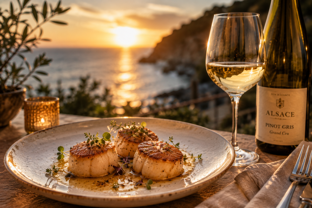 Noix de Saint-Jacques poêlées servies avec un Pinot Gris Grand Cru d'Alsace sur une terrasse face à la mer au coucher du soleil.