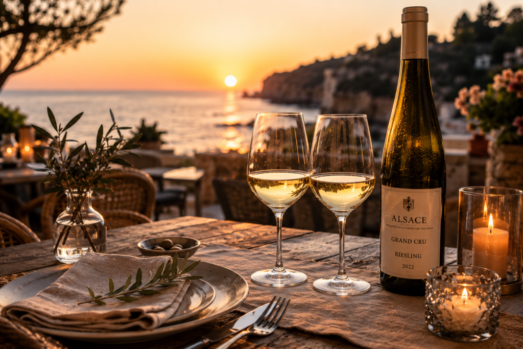 Table élégamment dressée avec deux verres de Riesling Grand Cru d'Alsace face à la mer au coucher du soleil, dans une ambiance chaleureuse et raffinée