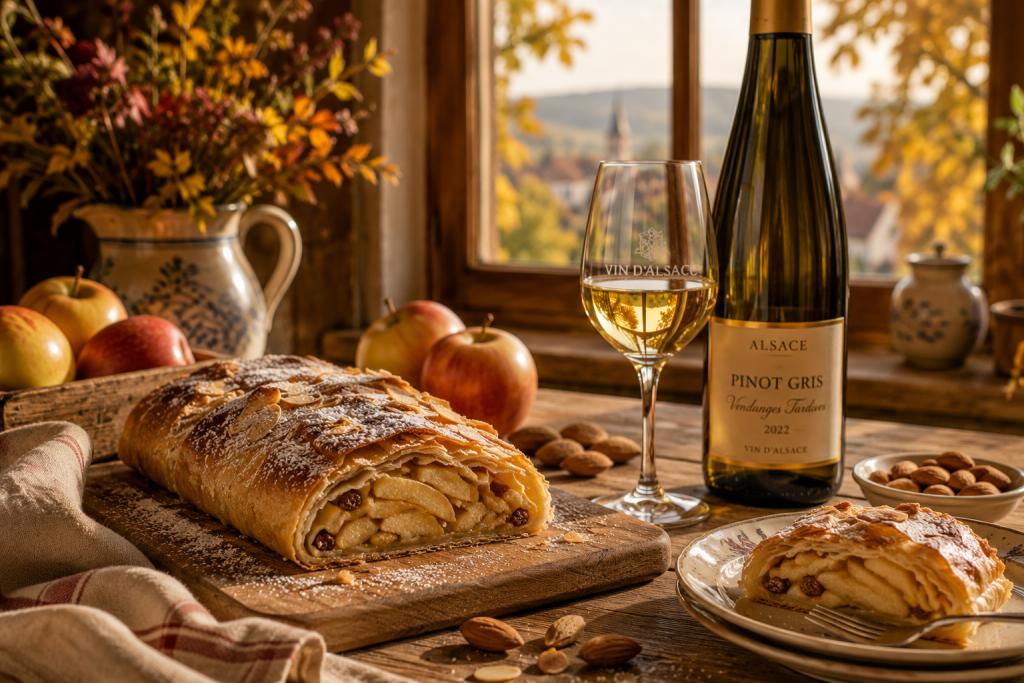 Strudel alsacien aux pommes et aux amandes encore tiède, accompagné d'un verre et d'une bouteille de Pinot Gris d'Alsace dans une cuisine baignée par la lumière d'automne.